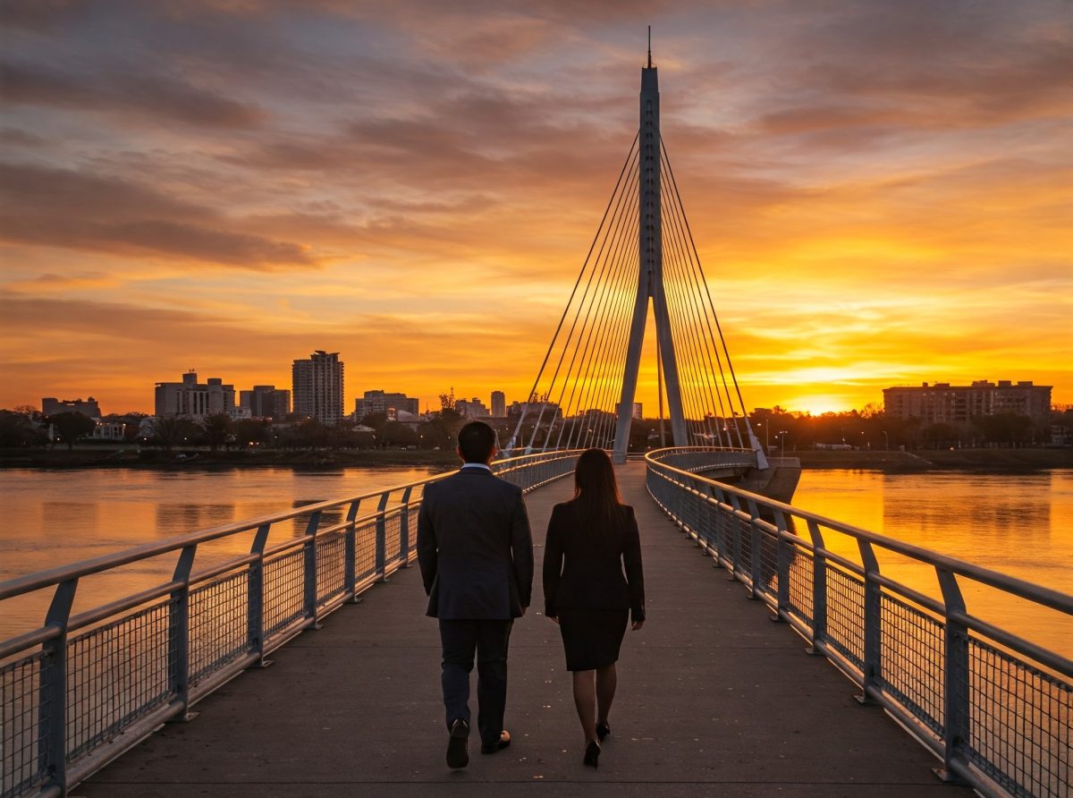 Professional-man-and-woman-walk-across-a-bridge-at-sunrise