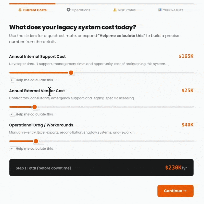 Legacy application modernization cost calculator preview showing ROI and risk score results