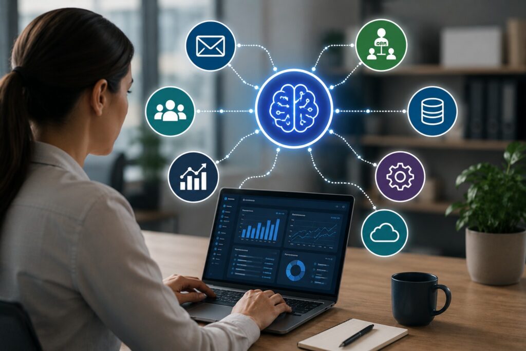 AI integration in business connecting customer data, communications, reporting, and workflow systems