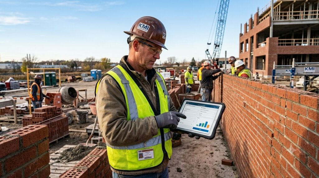 A construction foreman using a construction field productivity tracking app on a rugged tablet at a masonry jobsite where workers are building a red brick veneer wall.