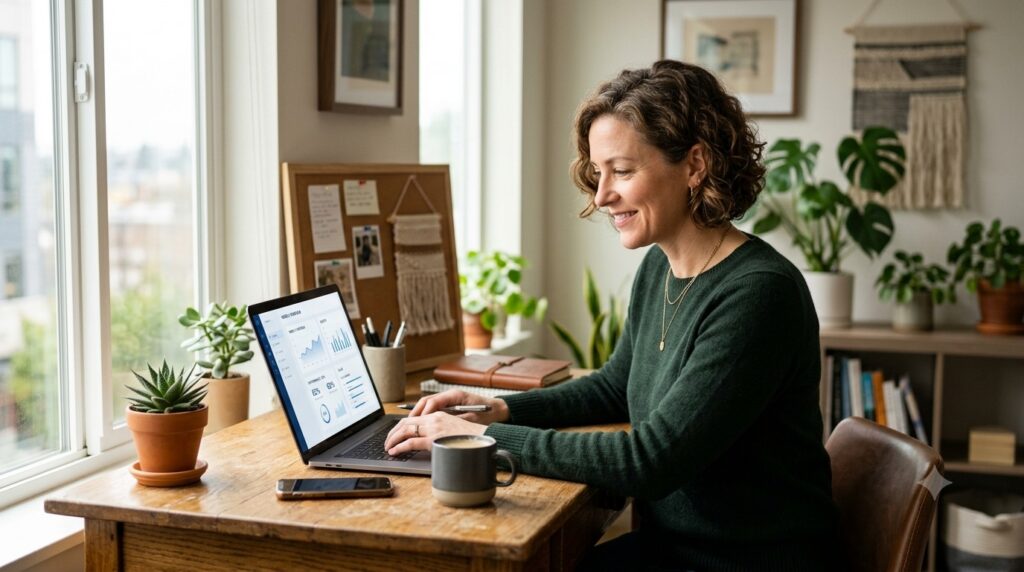 Small business owner using Claude for Small Business on a laptop