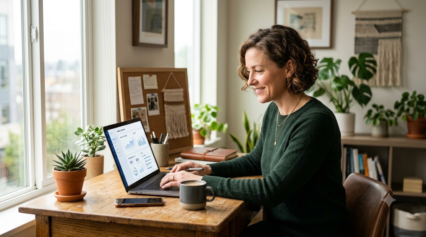 Small business owner using Claude for Small Business on a laptop