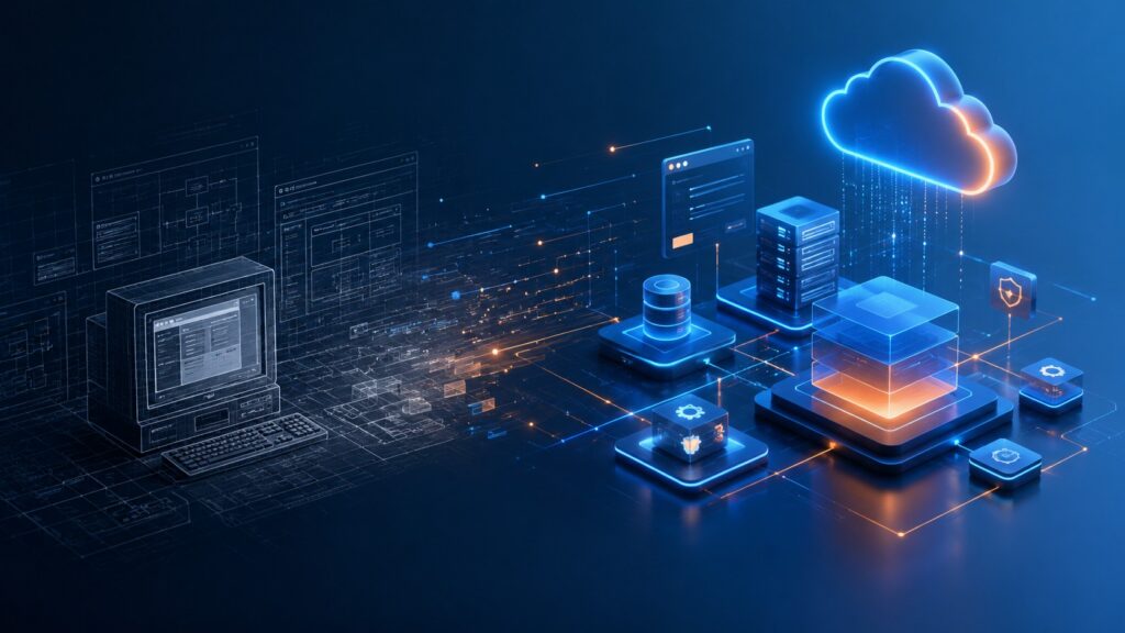 Digital illustration of a legacy Delphi application migrating to a modern .NET architecture with cloud services and connected application layers.