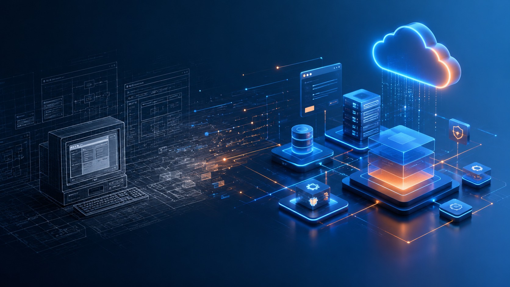 Digital illustration of a legacy Delphi application migrating to a modern .NET architecture with cloud services and connected application layers.