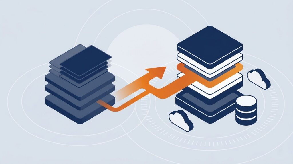 Digital illustration of a legacy Microsoft Access database migrating to a modern web application with cloud services and connected architecture