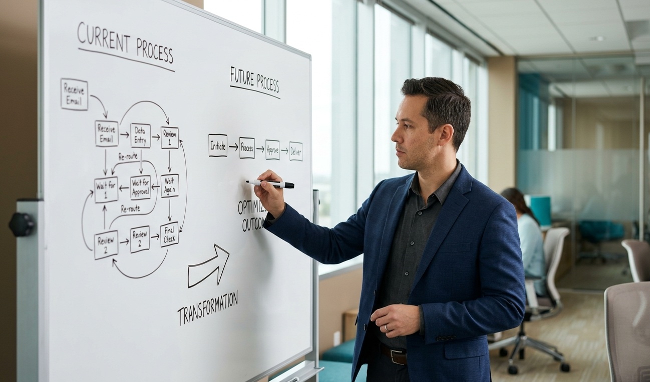 Business professional sketching a before-and-after AI workflow redesign on a whiteboard, illustrating AI ROI