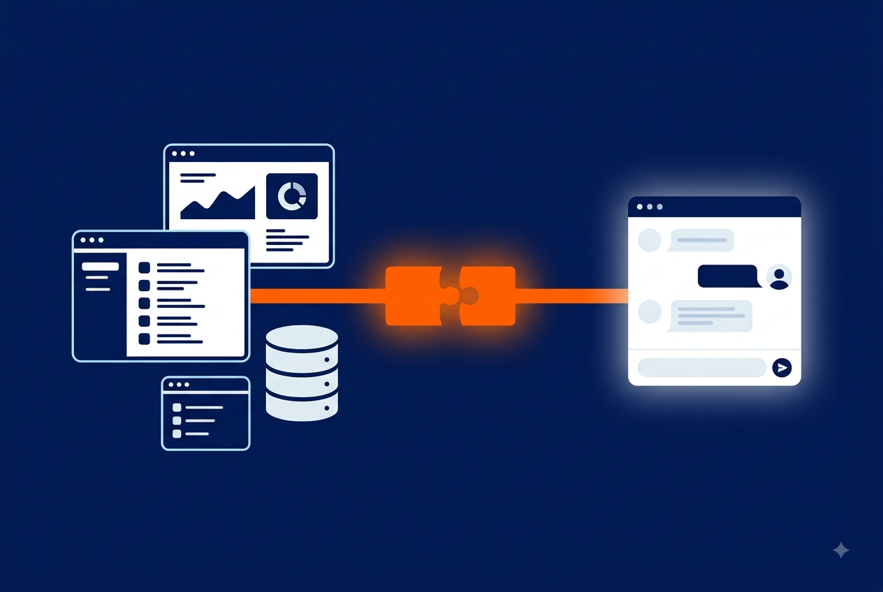 Illustration of business applications and a database connecting to an AI chat tool through an orange puzzle-piece link on a navy background
