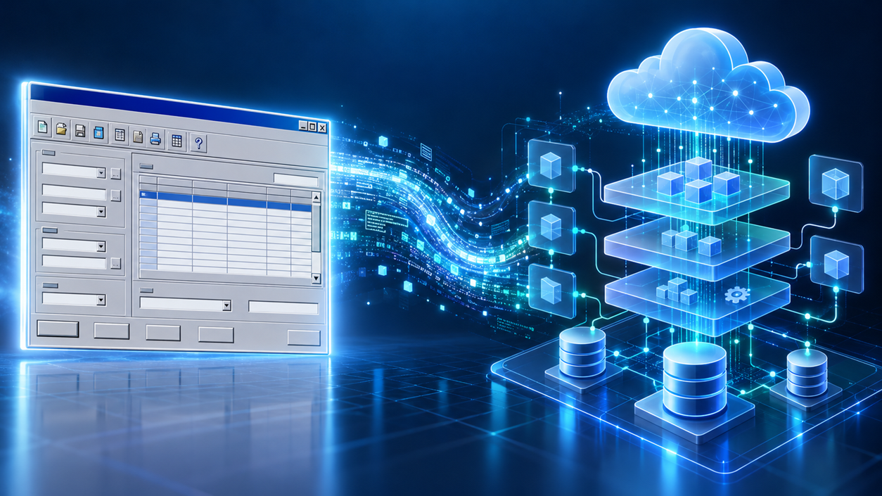 Digital illustration of a legacy VB6 application migrating to a modern .NET architecture with cloud services and connected application layers.